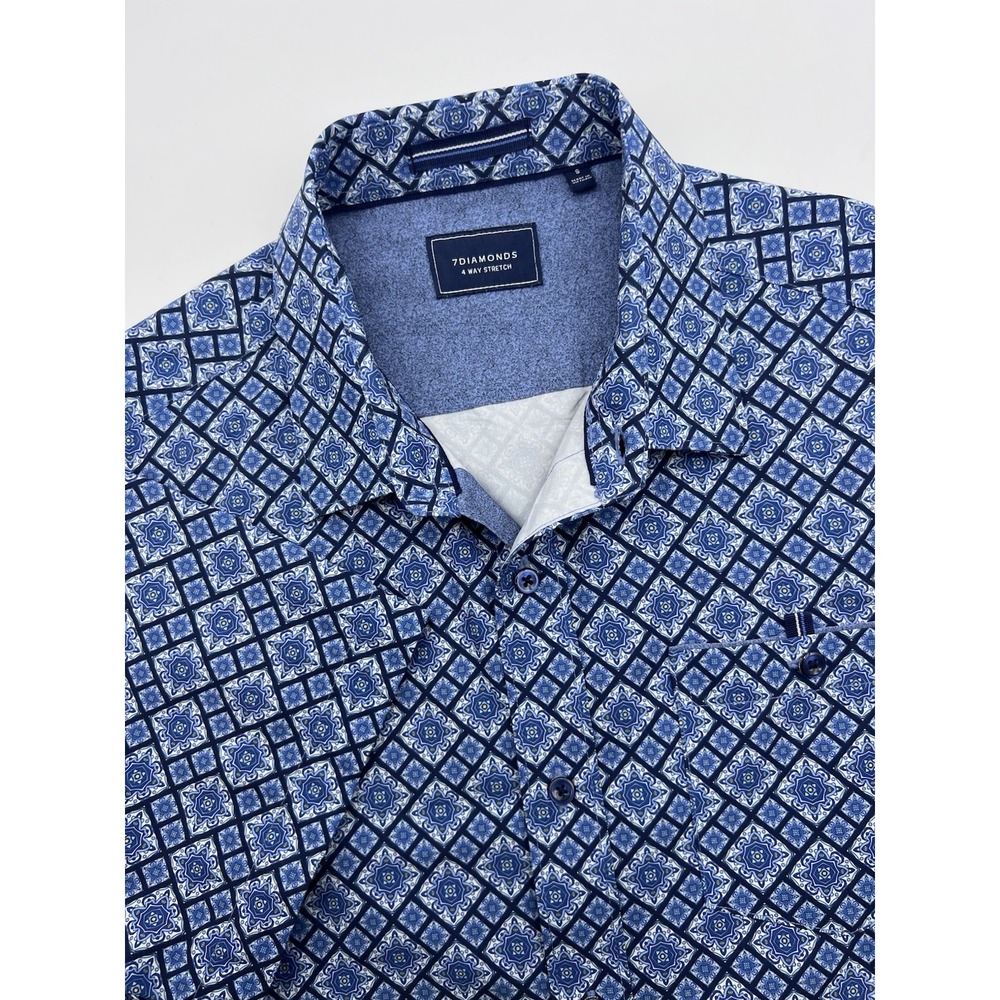 7 Diamonds Shirt Mens S Blue White Geometric Floral Performance Tech‎ Stretch
